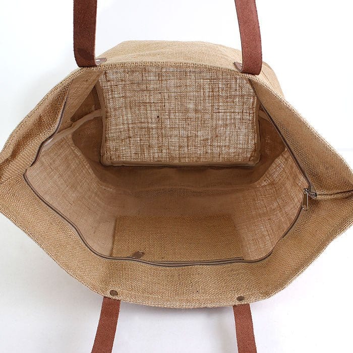 Leather Handle Jute Burlap Tote