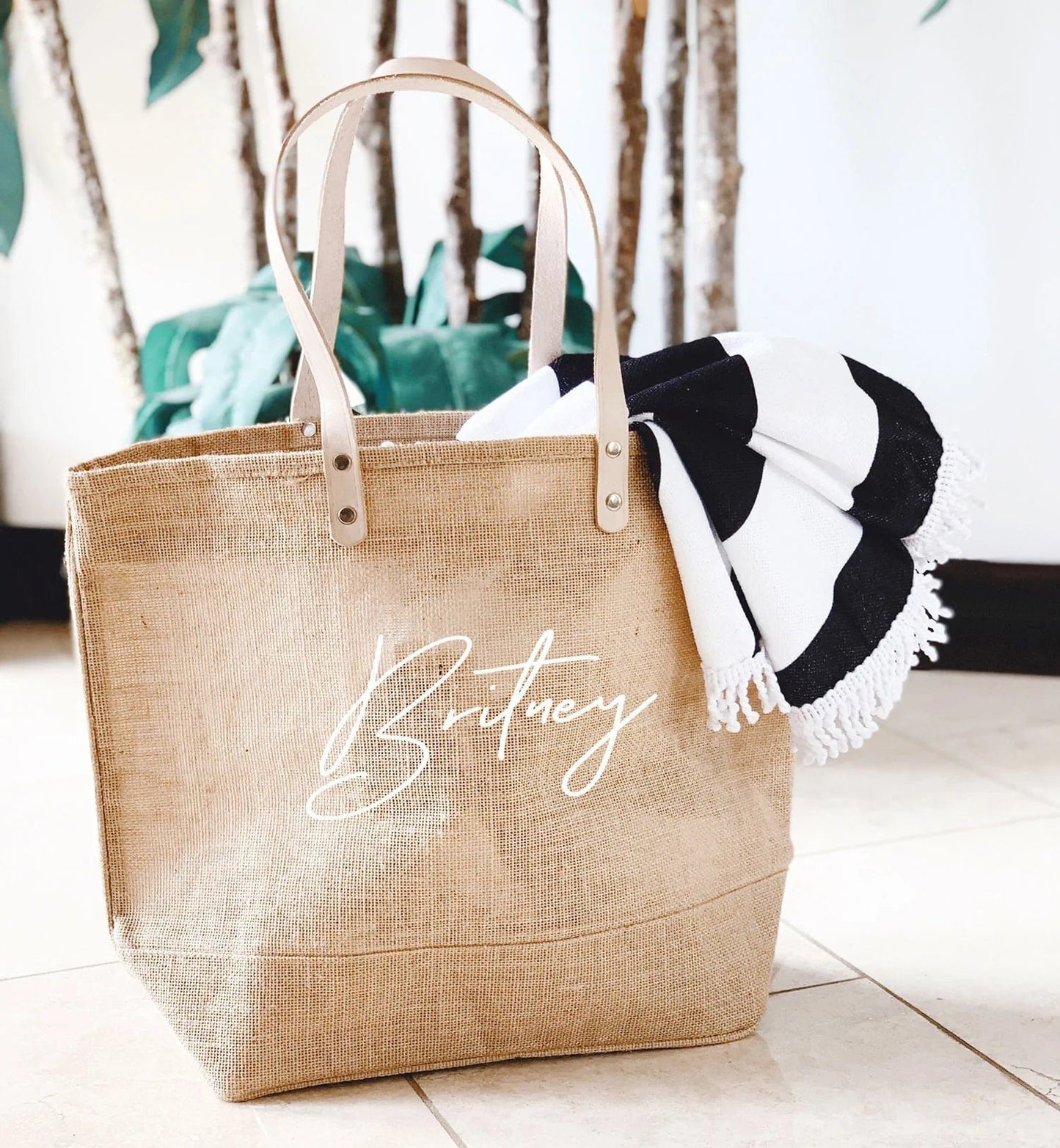 Leather Handle Jute Burlap Tote