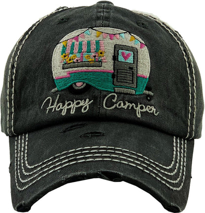 "HAPPY CAMPER" Vintage Washed Baseball Cap