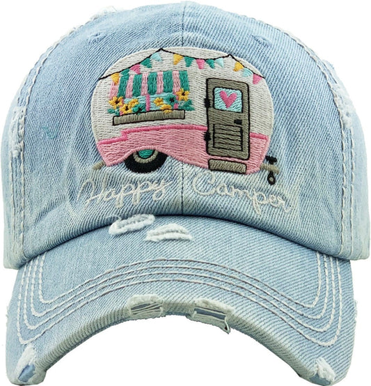 "HAPPY CAMPER" Vintage Washed Baseball Cap