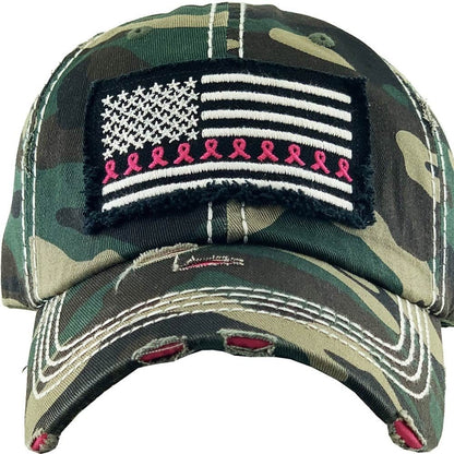 Breast Cancer Ribbon Flag Vintage Washed Baseball Cap