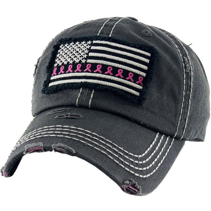 Breast Cancer Ribbon Flag Vintage Washed Baseball Cap