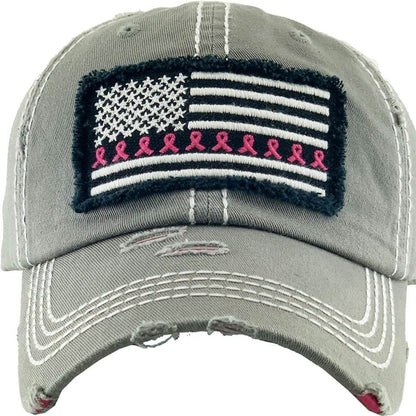 Breast Cancer Ribbon Flag Vintage Washed Baseball Cap