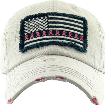 Breast Cancer Ribbon Flag Vintage Washed Baseball Cap