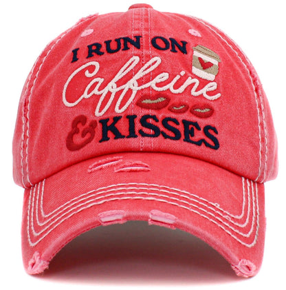 "I Run On Caffeine & Kisses" Washed Vintage Ballcap