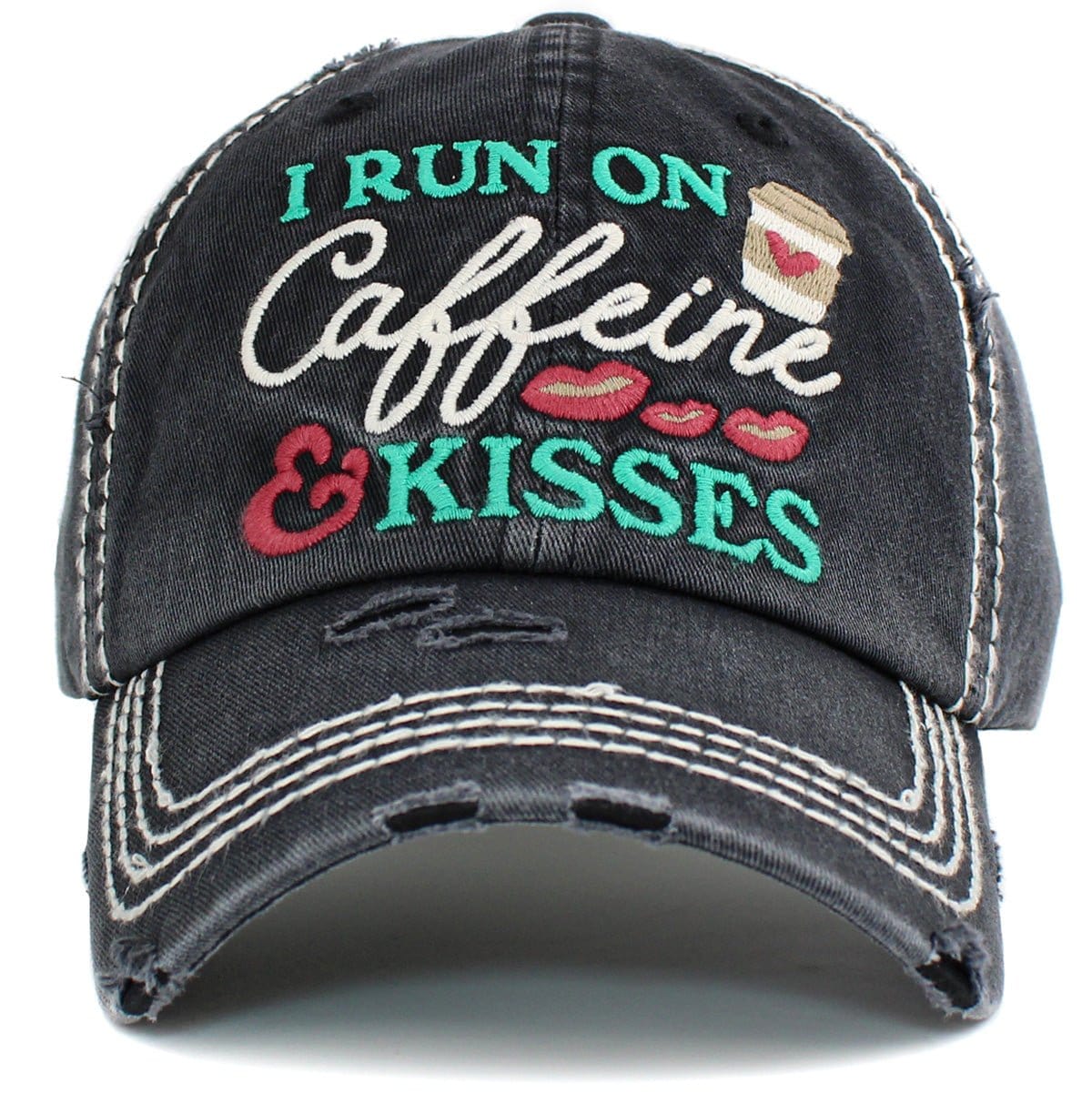 "I Run On Caffeine & Kisses" Washed Vintage Ballcap