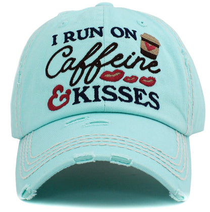 "I Run On Caffeine & Kisses" Washed Vintage Ballcap