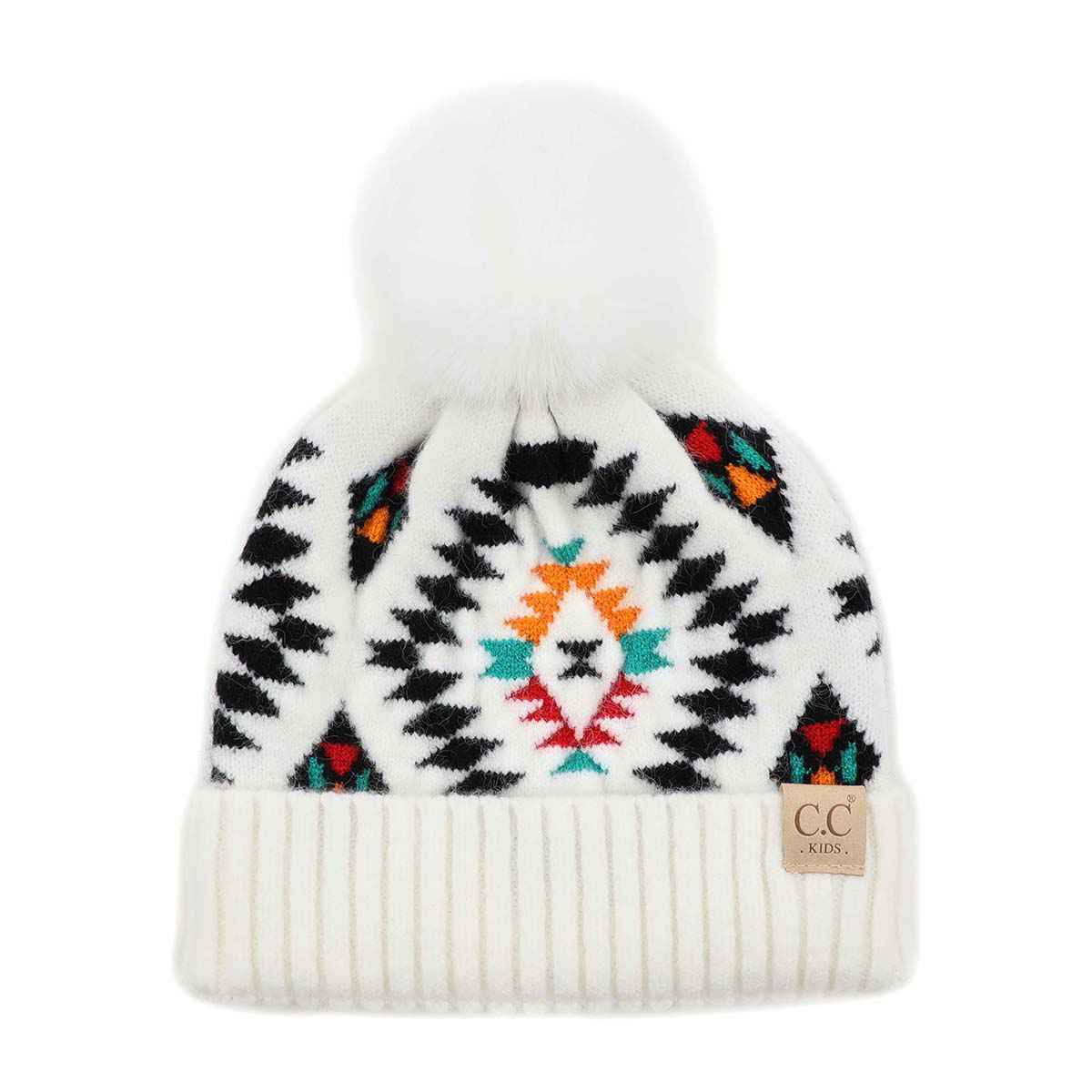 Kids Aztec Pattern Pom Pom Beanie