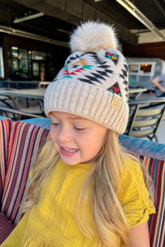 Kids Aztec Pattern Pom Pom Beanie