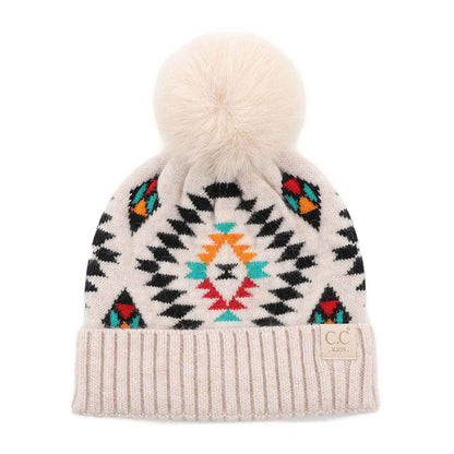 Kids Aztec Pattern Pom Pom Beanie