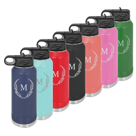 Personalized Water Bottle With Wreath Single Initial