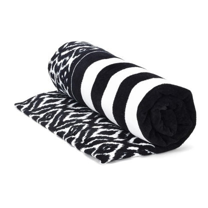 Personalized Black White Ikat Stripe Beach Towel