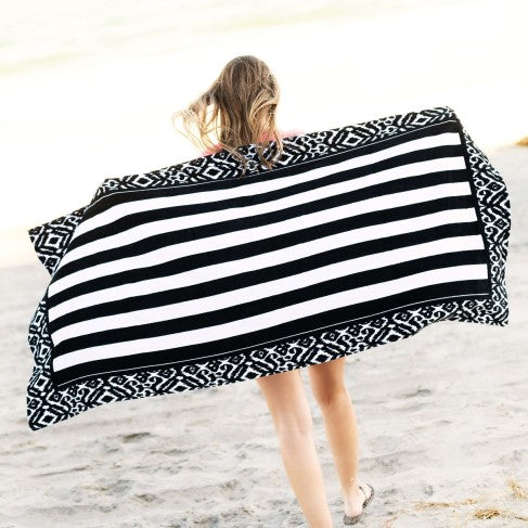 Personalized Black White Ikat Stripe Beach Towel