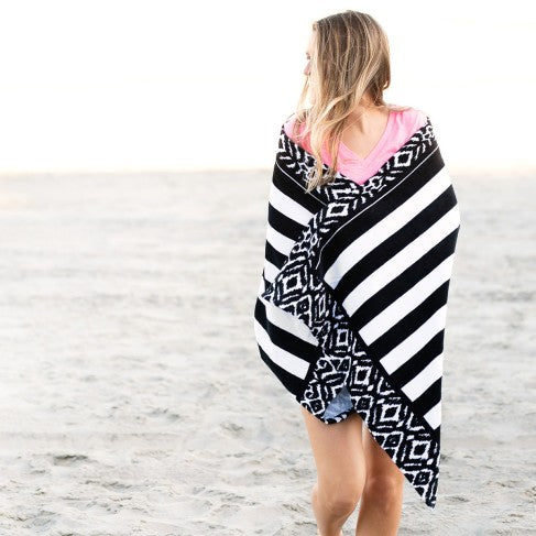 Personalized Black White Ikat Stripe Beach Towel