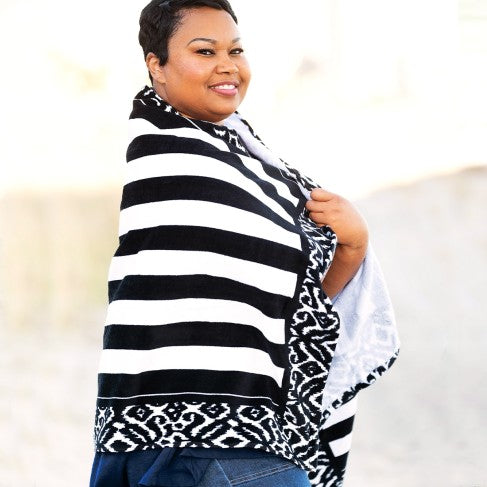 Personalized Black White Ikat Stripe Beach Towel