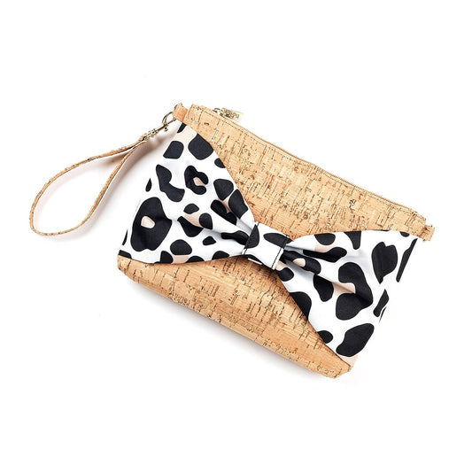 White Leopard Print Bow Cork Wristlet