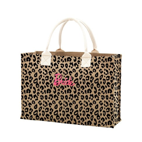 Hot Pink Bride Leopard Burlap Tote Bag