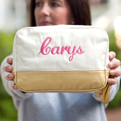 Personalized Creme Cosmetic Bag with Gold Metallic Trim