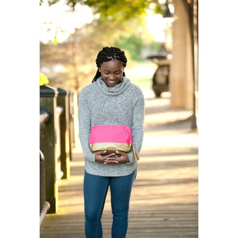 Personalized Hot Pink Cosmetic Bag with Gold Metallic Trim