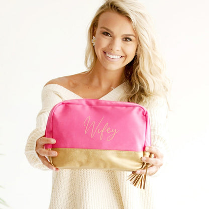 Wifey Hot Pink Cabana Cosmetic Bag