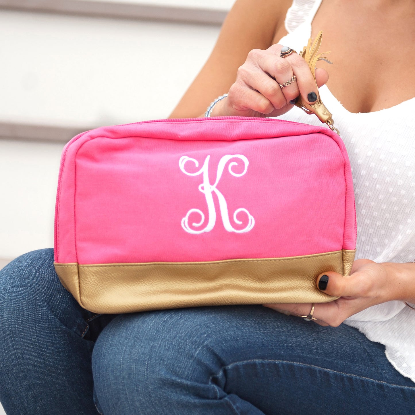 Personalized Hot Pink Cosmetic Bag with Gold Metallic Trim