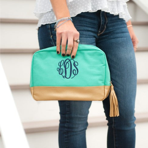 Personalized Mint Cosmetic Bag with Gold Metallic Trim