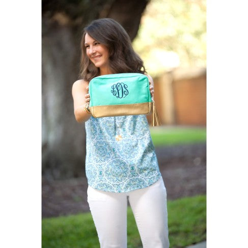 Personalized Mint Cosmetic Bag with Gold Metallic Trim