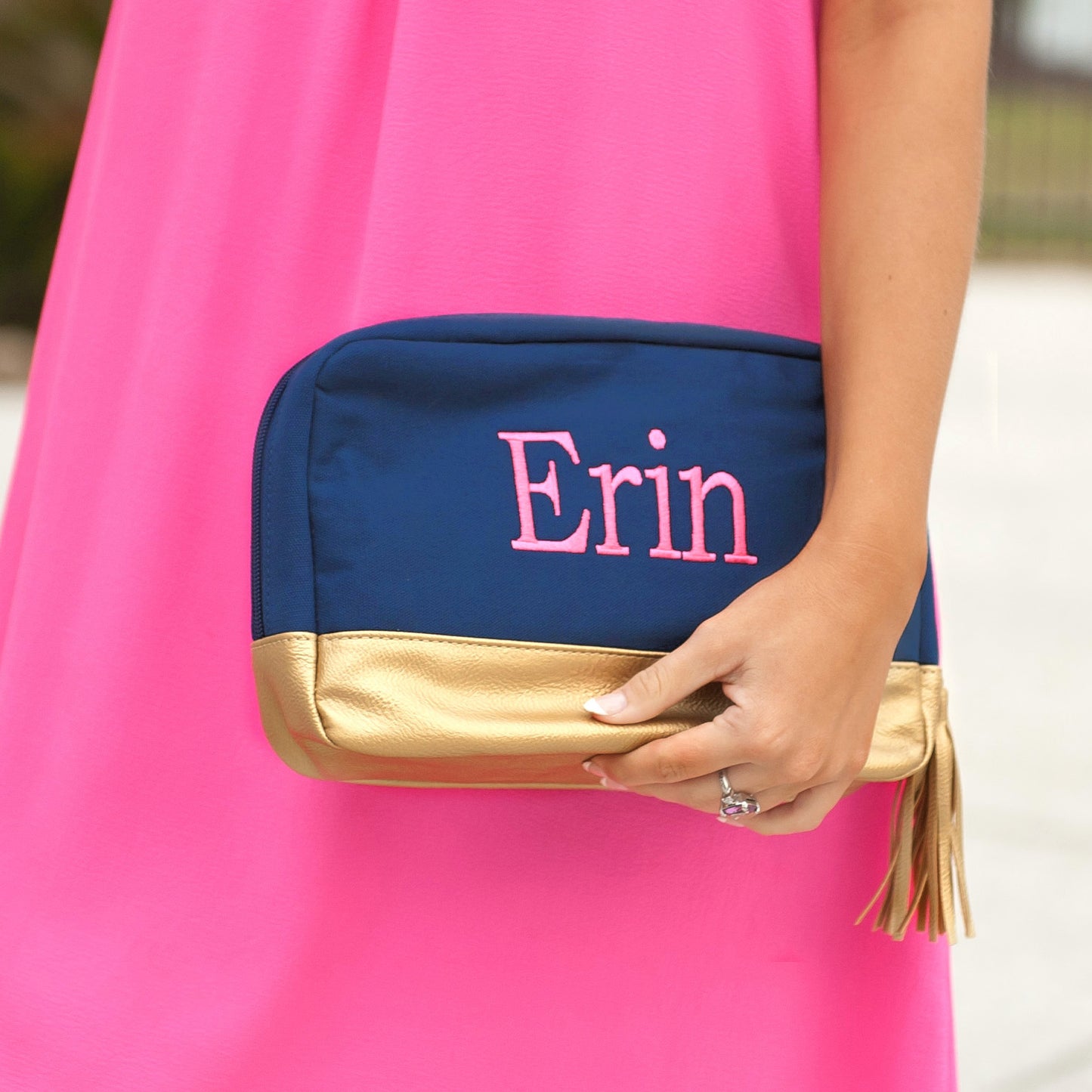 Personalized Navy Cosmetic Bag with Gold Metallic Trim