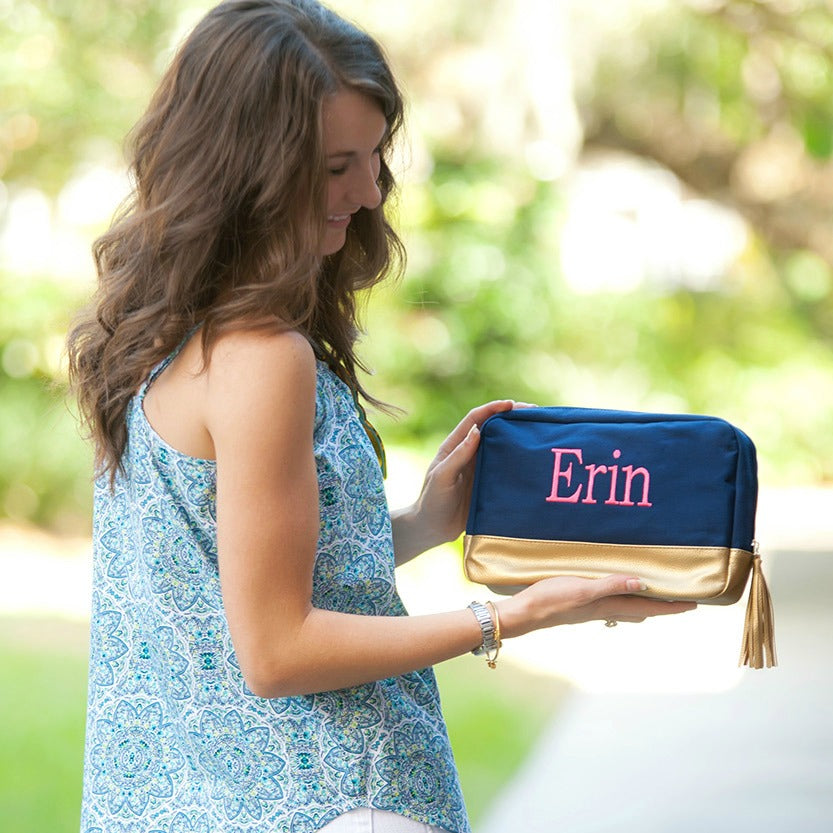 Personalized Navy Cosmetic Bag with Gold Metallic Trim