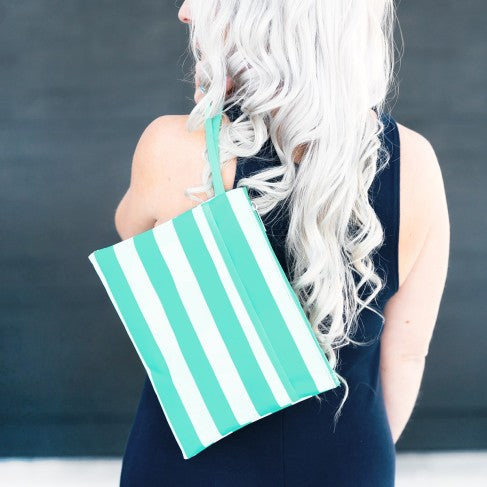 Personalized Mint Stripe Zip Pouch Wristlet