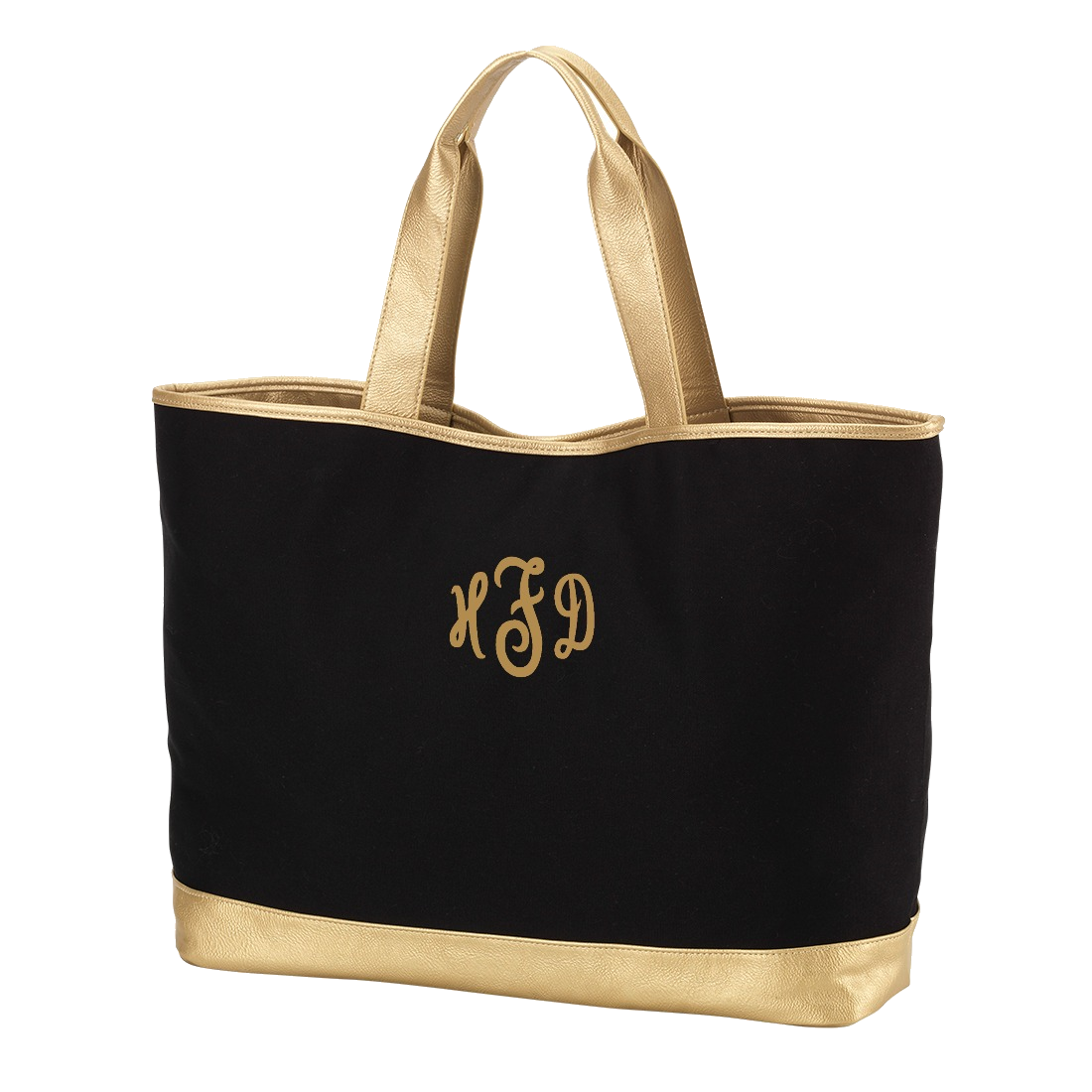 Personalized Black Tote Bag with Gold Metallic Trim