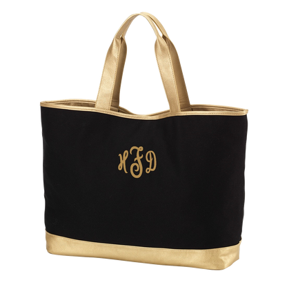 Personalized Black Tote Bag with Gold Metallic Trim