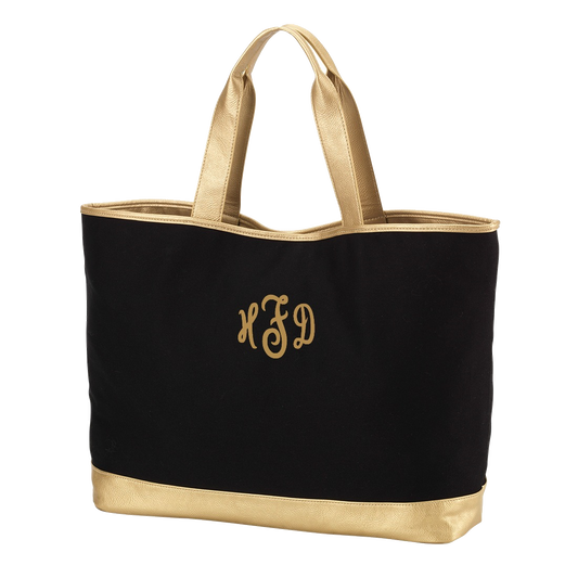 Personalized Black Tote Bag with Gold Metallic Trim