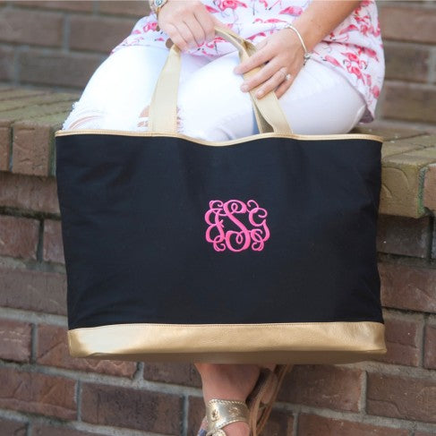 Personalized Black Tote Bag with Gold Metallic Trim