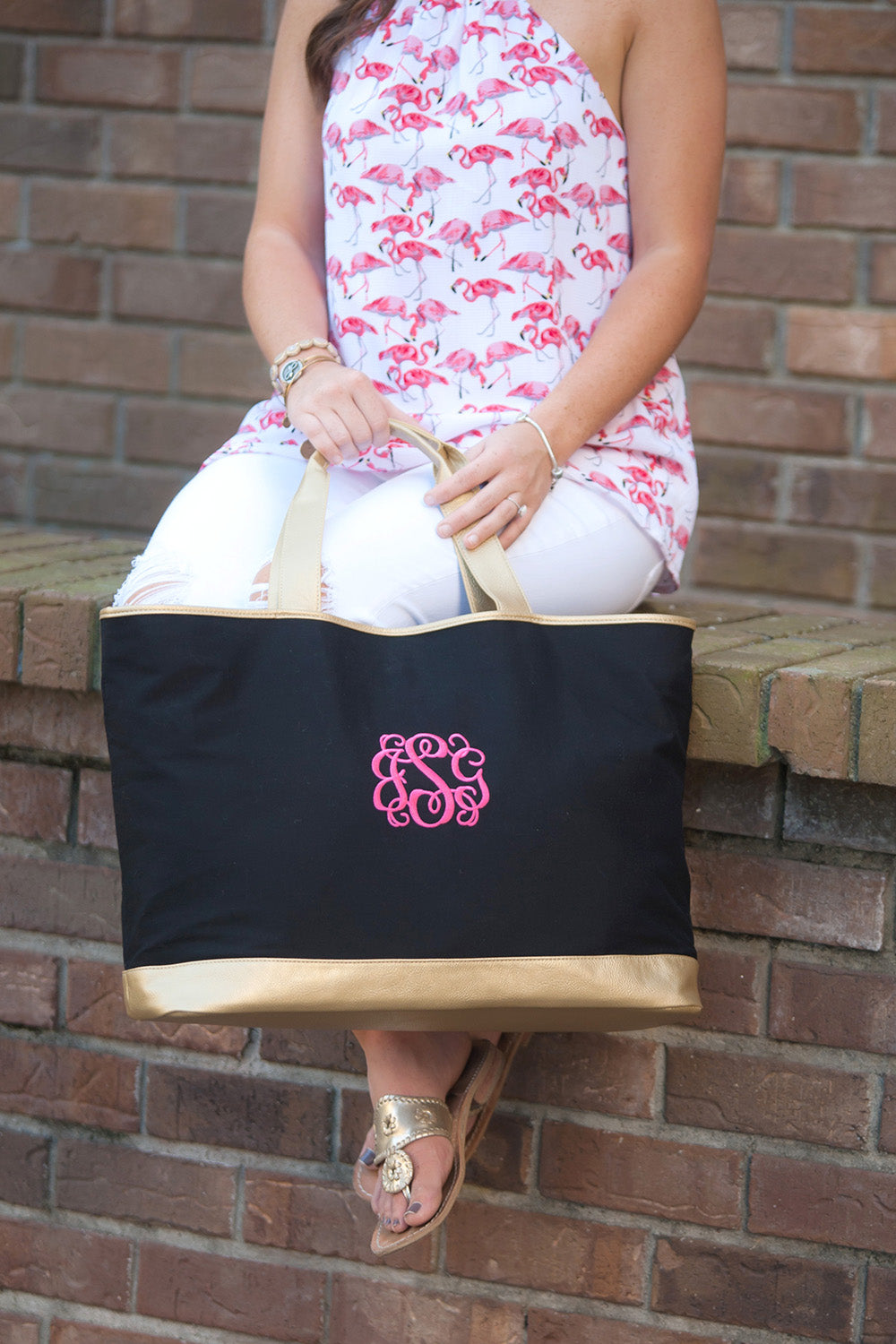 Personalized Black Tote Bag with Gold Metallic Trim