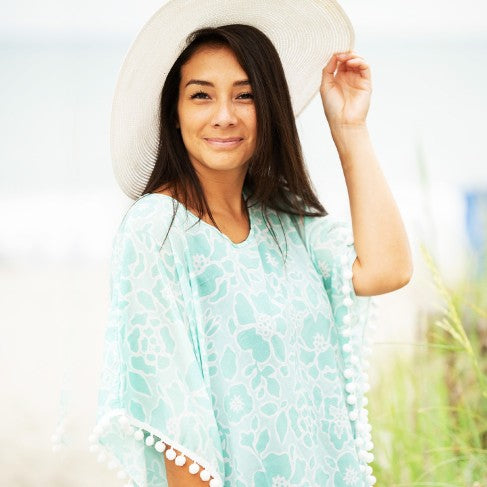 Mint Floral Pom-Pom Cover Up