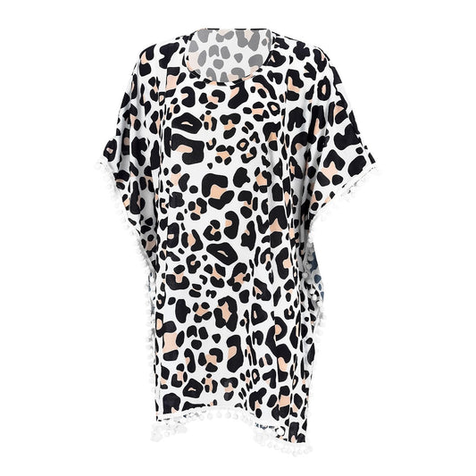 White Leopard Print Pom-Pom Cover Up