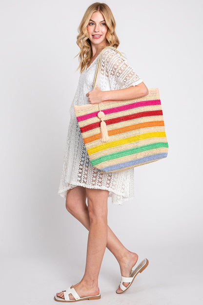 Amara Striped Crochet Tote Bag With Tassel