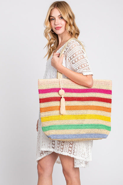 Amara Striped Crochet Tote Bag With Tassel