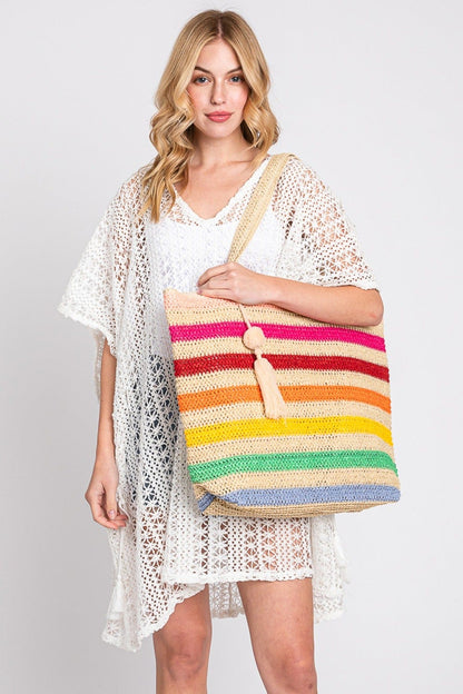 Amara Striped Crochet Tote Bag With Tassel