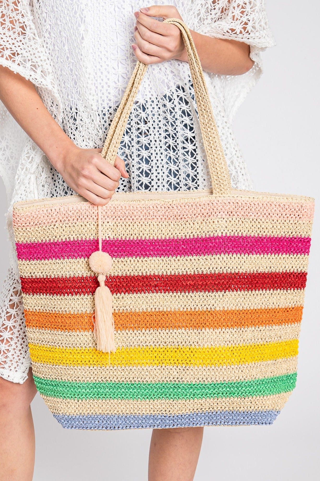 Amara Striped Crochet Tote Bag With Tassel