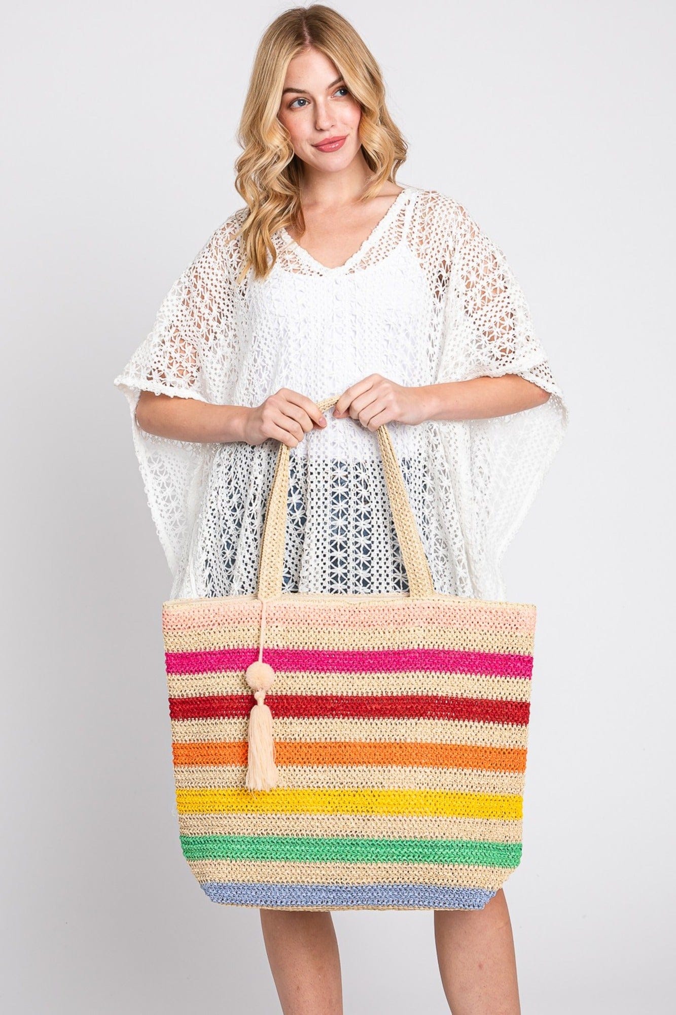 Amara Striped Crochet Tote Bag With Tassel