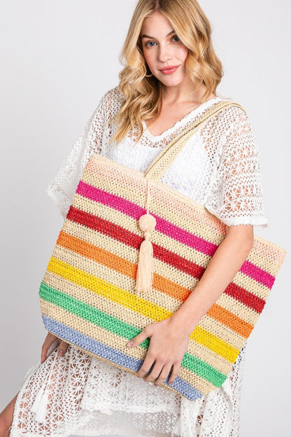 Amara Striped Crochet Tote Bag With Tassel