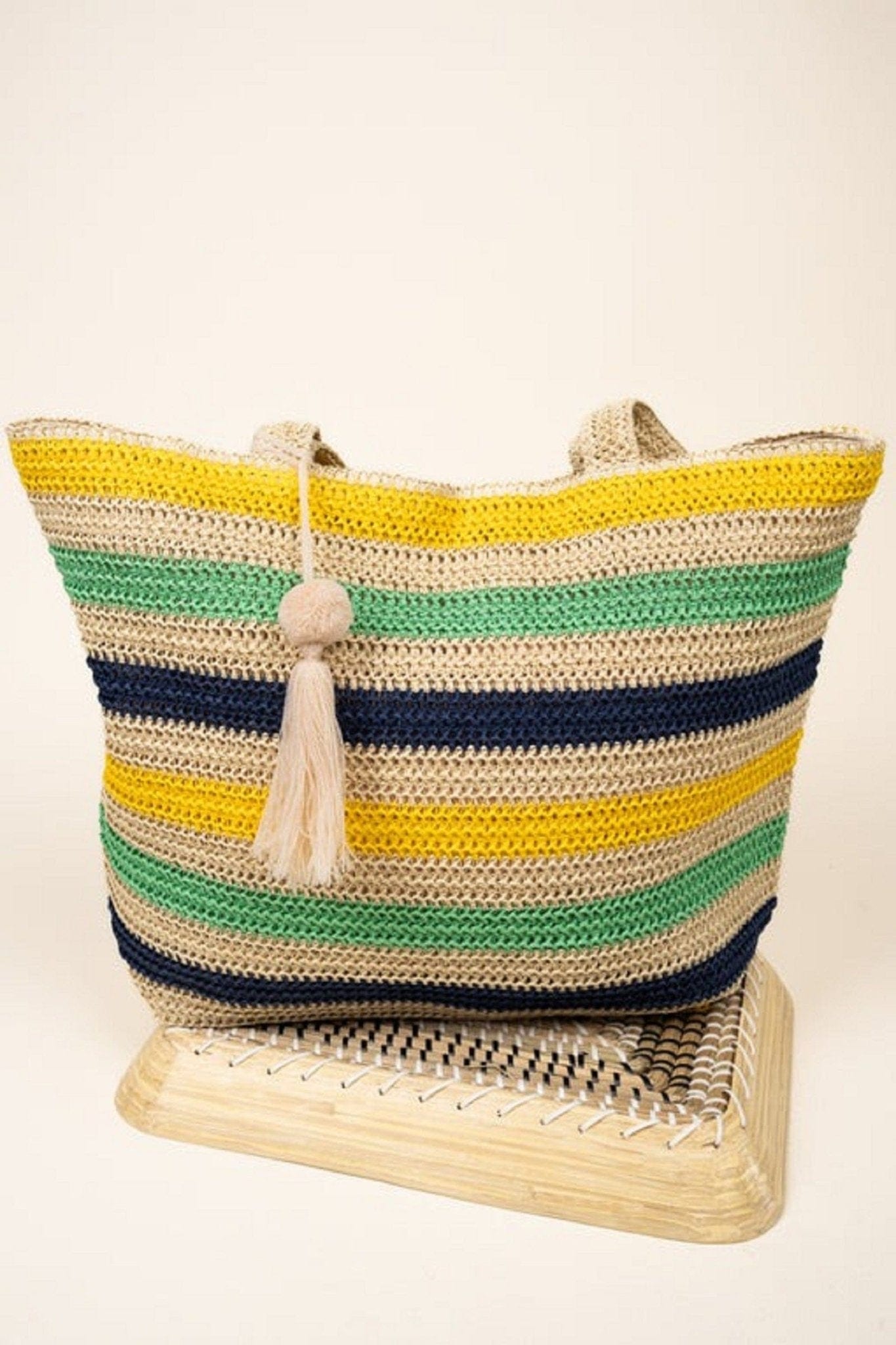 Amara Striped Crochet Tote Bag With Tassel