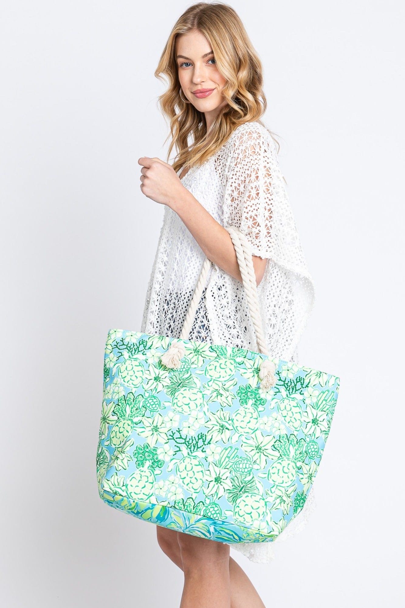 Hand Drawn Turtle Print Beach Tote Bag