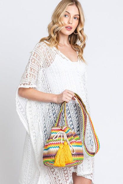 Ayla Multi Color Chevron Straw Bucket Bag