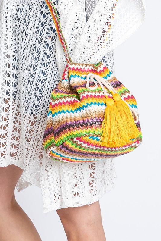 Ayla Multi Color Chevron Straw Bucket Bag