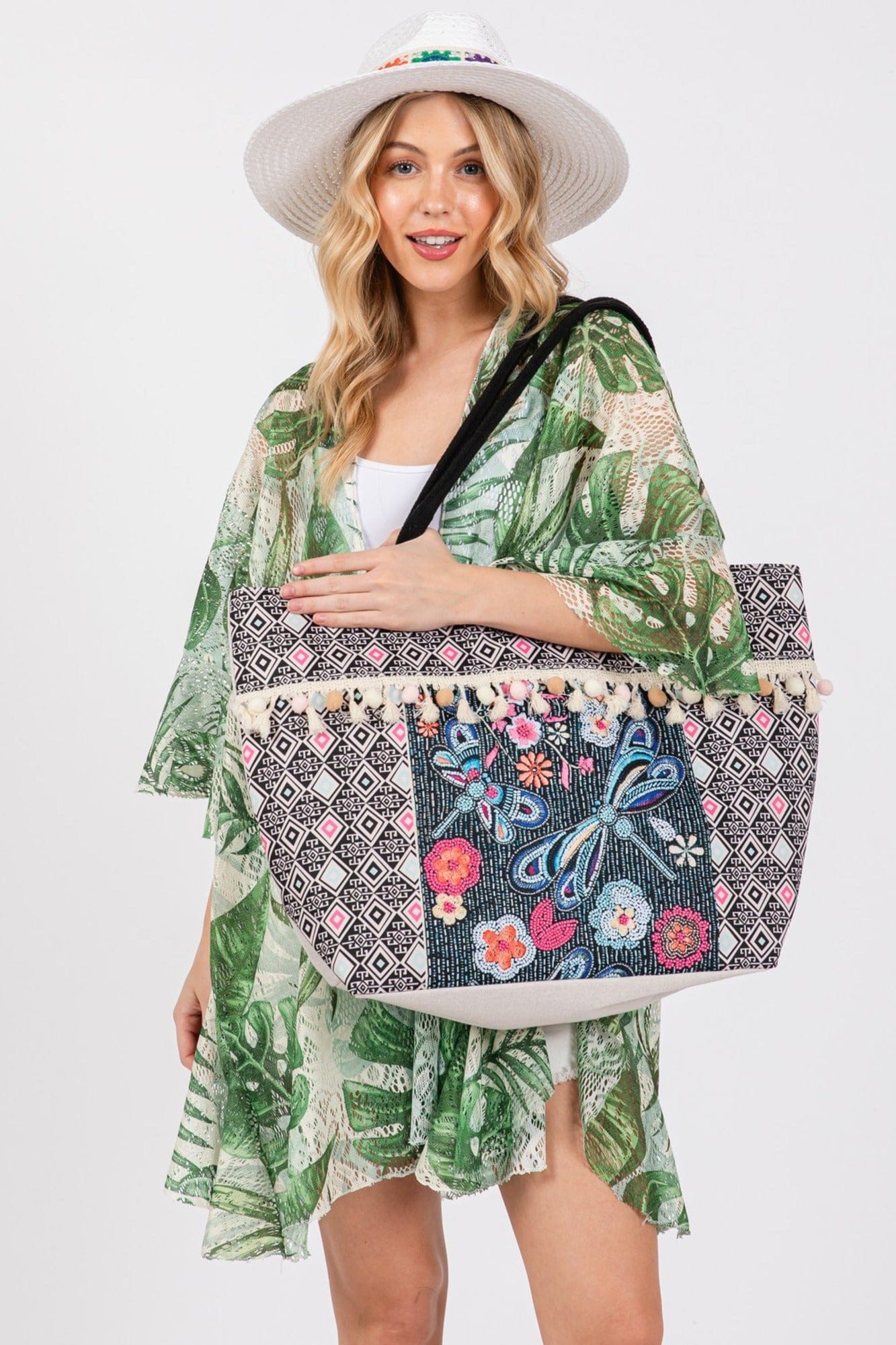 Romina Boho Dragonfly Print Tassel Tote Bag