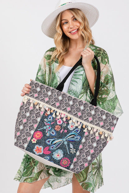 Romina Boho Dragonfly Print Tassel Tote Bag