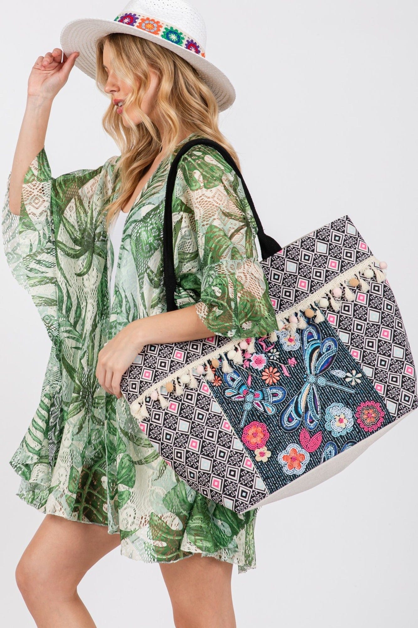 Romina Boho Dragonfly Print Tassel Tote Bag